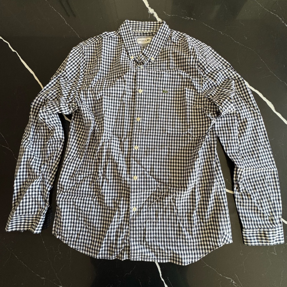 Men's Navy and White Checkered Lacoste Shirt‎